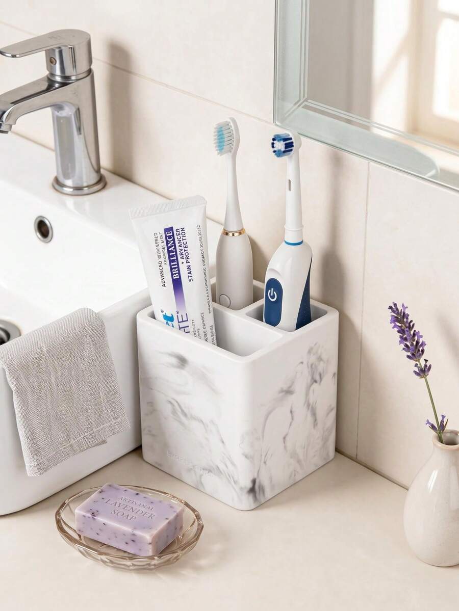 PAWSIN Marble Pattern Electric Toothbrush Holder, 3-Compartment Bathroom Countertop Organizer Rack, Can Store Toothpaste, Razor, Makeup Brushes, Vanity Storage Basket - Multicolor - View 1