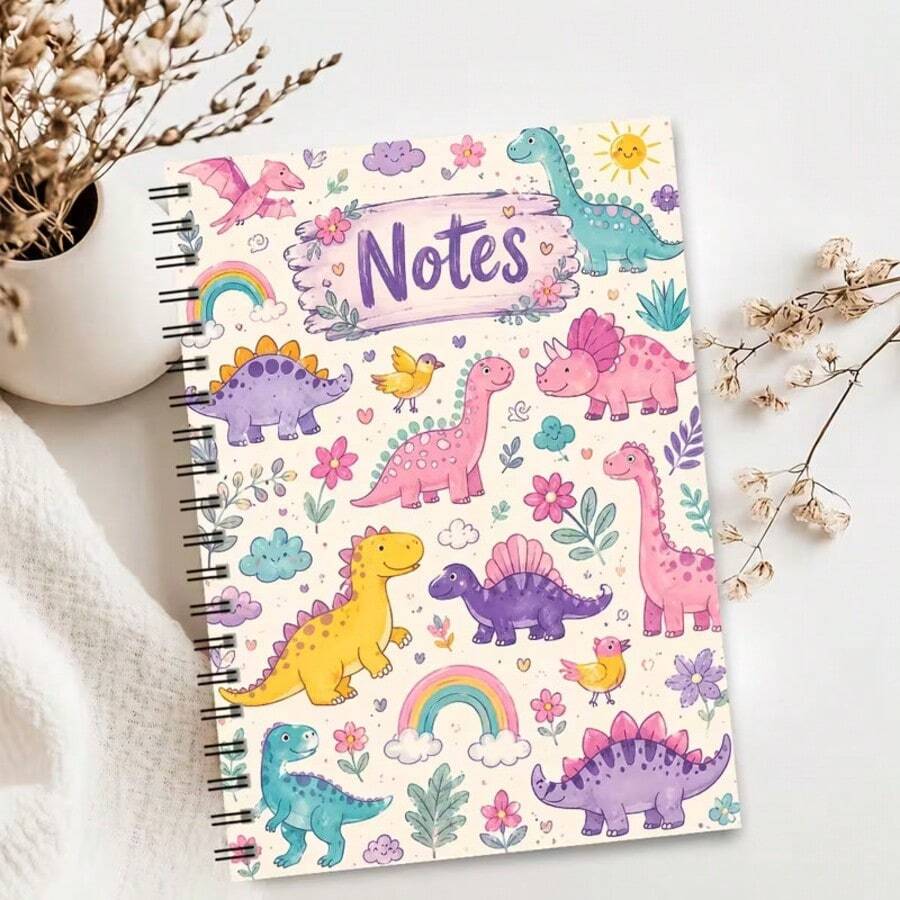 1pc A5 Dinosaur Notes Spiral Notebook, Green Dinosaur Star Cloud And Simple Notes Text Design Journal For Daily Writing, Study Notes, Doodling, Drawing And Dinosaur Theme Gifts,Pen Not Included - One Book (50 Pages, 100 Pages) - View 1
