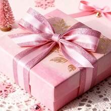 1/2/3 Rolls Pink Glitter Metallic Edge Christmas Ribbon, Wide Satin Striped Decorative Tape, Suitable For Christmas Tree, Wreath, Gift Wrapping, Bows, DIY Handmade Holiday Party Decoration - Pink Glitter Ribbon - View 10