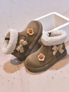 Soft Cute Floral Girls' Thermal Lined Ankle Boots, Plush Collar For Warmth, Side Zipper For Easy On And Off, Adorable And Versatile For Winter - Khaki - View 4