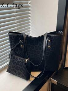 Women's Leopard Print Tote Bag, Soft Fabric, Rivet Details, With Small Storage Pouch, Large Capacity, Casual Style, Suitable For Work, Shopping - Black - View 9