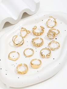 12pcs/ Set New Irregular Geometric Rings Set Faux Pearl Gold Color Metal Finger Rings For Women, Fashion Statement Jewelry Gifts - Yellow Gold - View 4