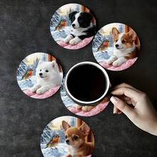 聖誕小動物圓形杯墊 6 件組，可愛小狗雪景木製防滑耐熱杯墊，聖誕氛圍桌面裝飾，桌面耐熱墊節日小禮物 - 木製杯墊LDX2975 - 查看 6