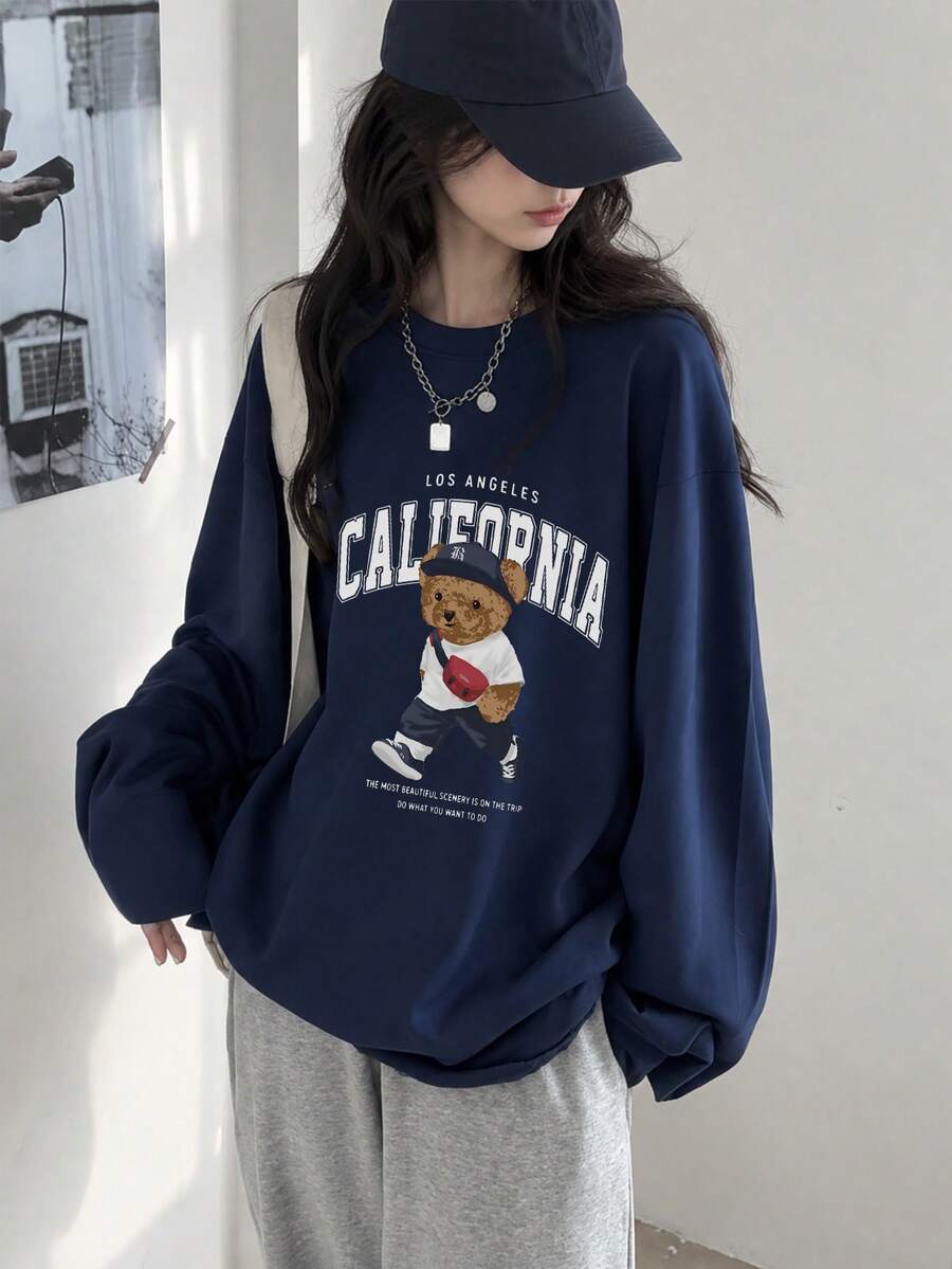 女款秋冬寬鬆極簡百搭卡通熊印花長袖T恤 - 藏蓝色 - 查看 1