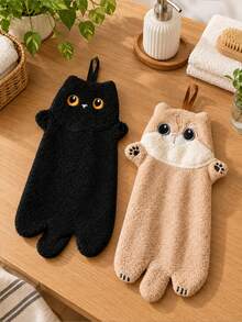 2pcs/1pc Cute Cat Plush Super Absorbent Hand Towel, Hanging Kitchen Bathroom Decorative Towel, Absorbent, Easy To Clean, Personalized Towel - Multicolor - View 6