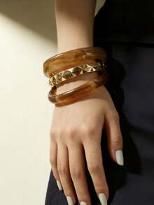 3pcs Vintage Tortoise Shell Tie Dye Resin Bracelet Set, Geometric Rhombus Metal Spliced Stackable Bangles, Women's Vacation Accessory Gift - Multicolor - View 6