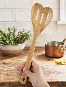 1/3pcs Bamboo Wooden Kitchen Utensils, Heart-Shaped Bamboo Wooden Spoons, Hollow Bamboo Wooden Spoons, Heart-Shaped Spatula, Kitchen Stirring Spoon, Suitable For Cooking, Baking, Kitchen Cooking Tools - Mustard Yellow - View 2