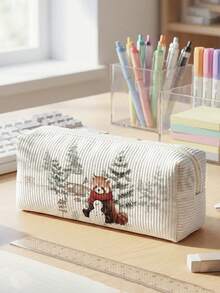 1pc Christmas Snowfield & Animals Print Corduroy Kids Pencil Case,Zipper Large Capacity Stationery Storage Pouch For Student School Daily Study - Multicolor - View 14