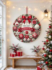 2D Flat Christmas Wall Art Decor Sign, Candy And Wreath Design, Red And White Winter Farmhouse Style, Suitable For Kitchen, Coffee Bar Or Home Decor, Indoor And Outdoor Use, Holiday Wall Decoration - one-size - View 6