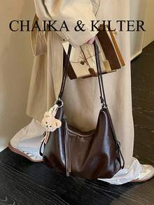 1pc Fashion Crescent PU Fabric Shoulder Bag Suitable For Commuting, Shopping, Etc. (With Pendant) - Coffee - View 8