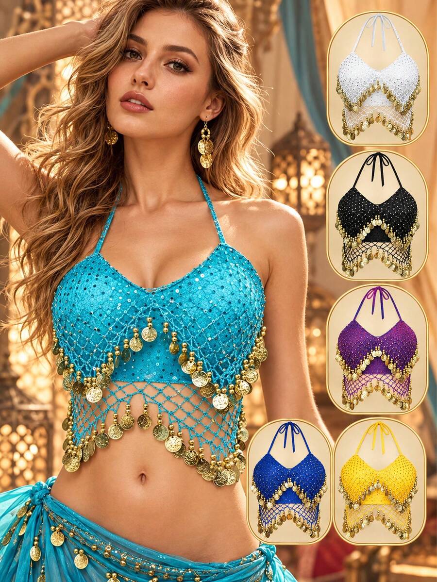 New Belly Dance Performance Top Featuring A Fish-Scale Sequin Design; A Stylish Accessory Adorned With Gold Tassels And Beadwork, Perfect For Stage Performances, Parties, Festivals, And Dance Shows-Offering An Elegant, Arabian-Inspired Look.Genie Top - Multicolor - View 1