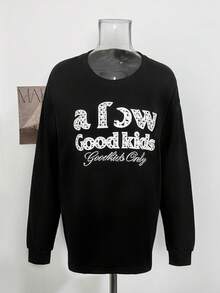 Women's American Vintage Distressed Letter Rhinestone Crew Neck Long Sleeve T-Shirt, Loose Drop Shoulder Casual Versatile Base Layer Top, Autumn/Winter - Black - View 6