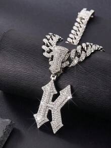 Iced Out Gothic 26 Letter Pendant Cuban Link Chain Necklace, Hip Hop Bling Rhinestone Men's Necklace, Street Party Jewelry Gift - Letter - View 25