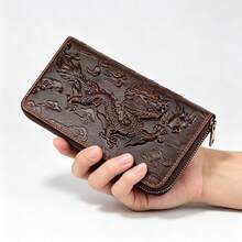 Vintage Long RFID Genuine Leather Men's Wallet Card Holder Clutch Bag With 3D Dragon Pattern - Coffee Brown - View 2