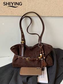 1pc Solid Color Suede New Women's Backpack, Shoulder Bag, Fashionable Large Capacity Baguette Bag, Zipper Closure, Dual Hand Carry, Suitable For Commuting, Shopping, Dating, Shopping - Multicolor - View 12