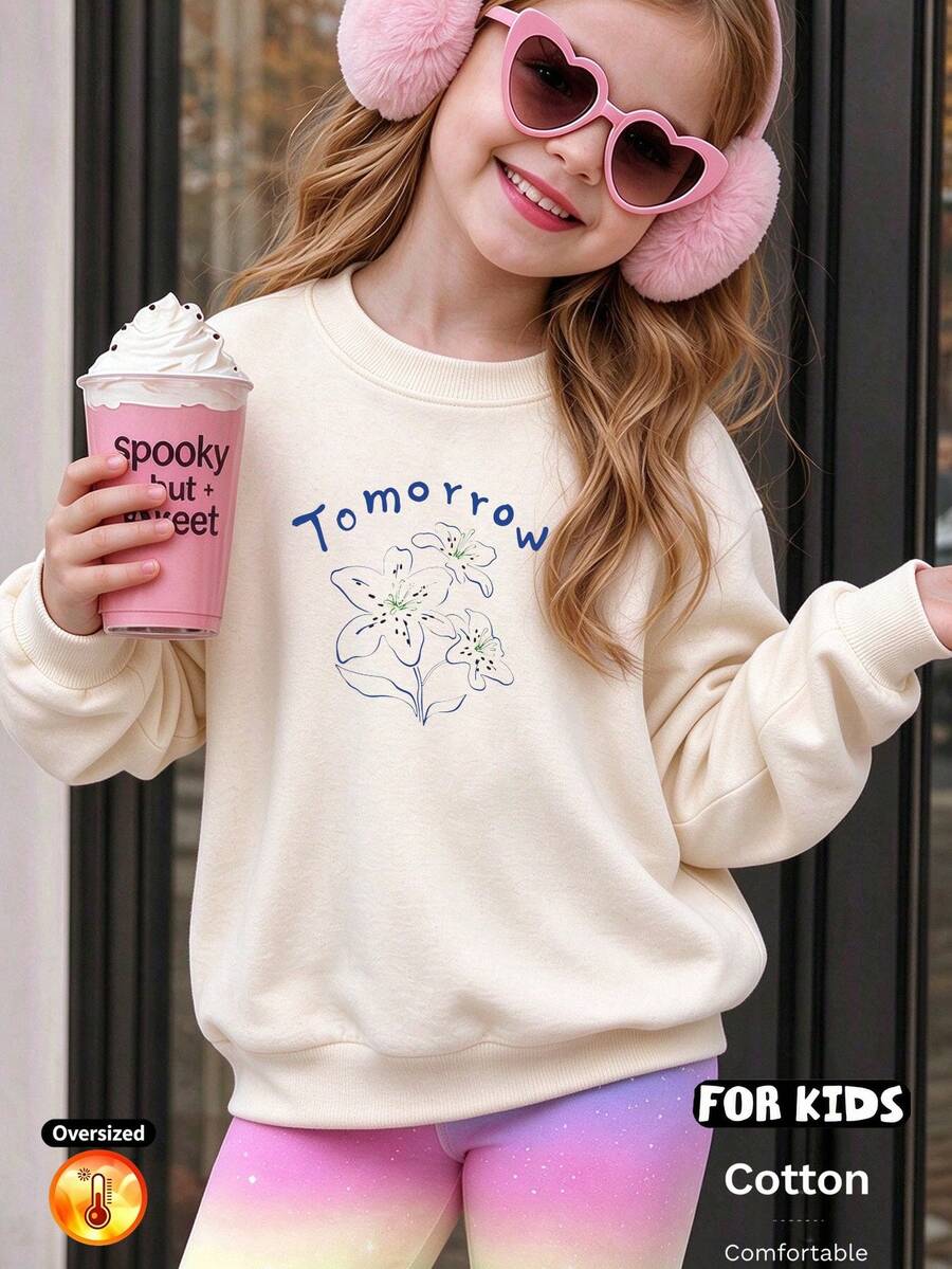 Loose Fit Crew Neck Thickened Sweatshirt With Tomorrow Text And Flower Pattern - Apricot - View 1