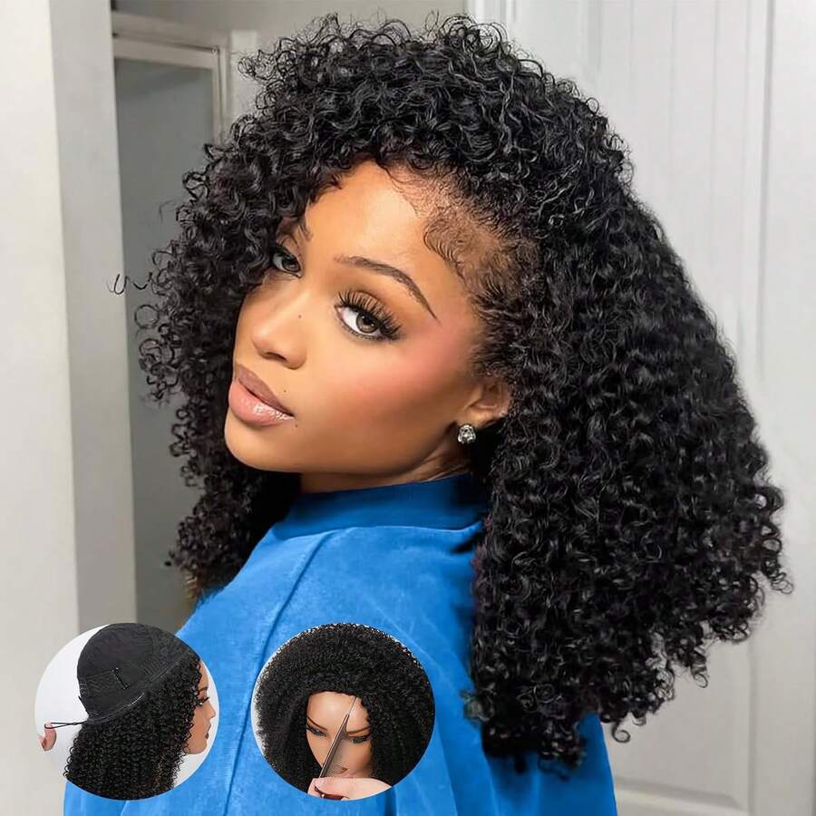 Burmese Curly Half Wig, Spiral Curl Ends, No Glue Needed, Reversible, Beginner-Friendly, Easy To Wear, Drawstring Design, No Glue Or Sewing Required, Natural Color, Easy To Install - SNatural - View 1