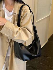 Casual Black Large Capacity Lychee Grain Tote Bag, Shoulder Crossbody Underarm Bag - Black - View 3