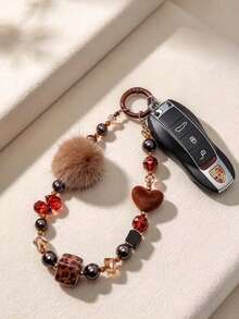 1pc New Cartoon Women's Bag Charm Crystal Mink Fur Car Keychain Cute Puppy Flocked Phone Chain - Multicolor - View 5