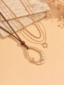 4pcs Vintage Versatile Brown Rope Multi-Layer Gold Chain With Asymmetrical Metal Hollow Geometric Pendant Necklace, Fashionable Personalized Women's Neck Jewelry Accessory Suitable For Daily Casual, Dating, Vacation And Party Wear - Multicolor - View 3