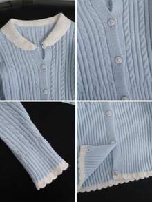 Women's Light Blue Wool Button Cardigan Sweater With White Fan Collar, Suitable For Autumn/Winter Preppy Style - Blue - View 9