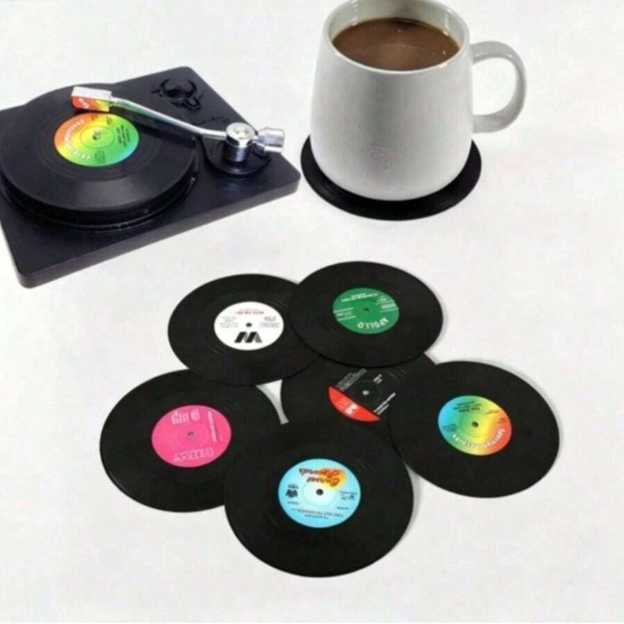 6pcs Vintage CD Coasters, Vinyl Record Coasters, Coffee Cup And Tea Cup Coasters, Acrylic Waterproof Material - Black - View 1