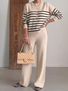 Women's Striped Round Neck Long Sleeve Knit Sweater And Wide Leg Pants Set, Casual 2 Pieces Loungewear For Autumn, Winter And Spring - Apricot Stripes - View 5