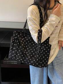 Women's Polka Dot Tote Bag, Large Capacity Shoulder Handbag With Multi Pockets, Casual Lightweight Shopping Bag For Work School - Black - View 2