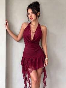 SUNSTORY Women's Autumn Elegant Sexy Low-Cut Asymmetric Ruffle Spaghetti Strap Short Dress, Suitable For Party, Gathering, Holiday, Birthday Party - Burgundy - View 1
