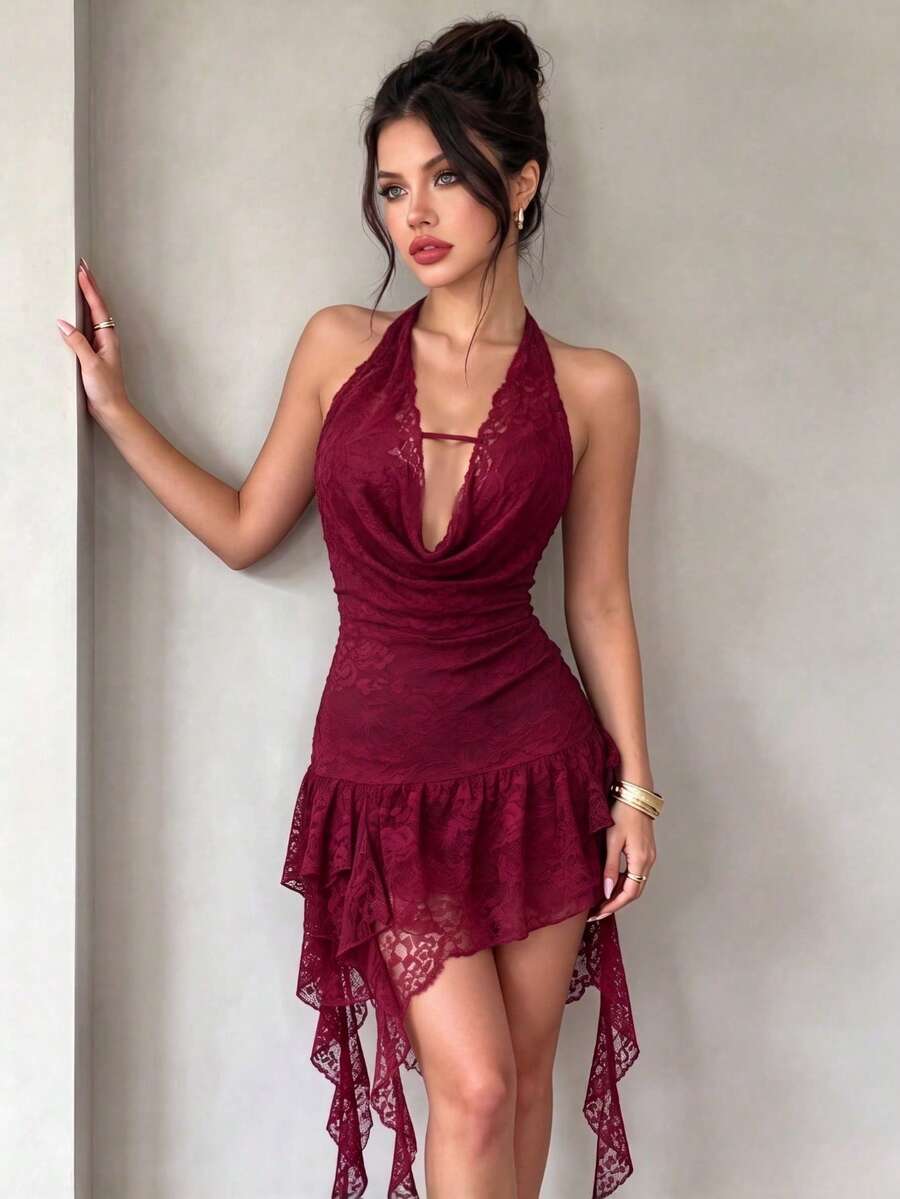 SUNSTORY Women's Autumn Elegant Sexy Low-Cut Asymmetric Ruffle Spaghetti Strap Short Dress, Suitable For Party, Gathering, Holiday, Birthday Party - Burgundy - View 1