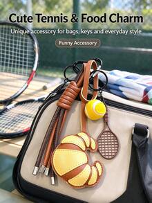 3 st moderiktiga nyckelringar med simulerad croissant och racket, PU-splicead croissantdesign, mini simulerad tennisboll, rackettillbehör, flätat repband i kontrastfärg, metallnyckelring, unik mataccessoar, ryggsäckscharm, söt nischig presentberlock - Multifärgad - Visa 3