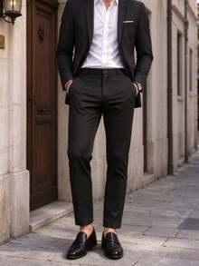 Men's Casual Straight Leg Dress Pants, Regular Fit With Zipper Fly, Suitable For Spring, Autumn And All Seasons, Office And Casual Wear - Black - View 2