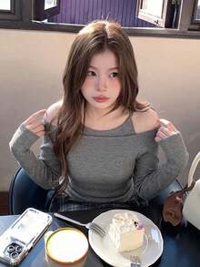Korean Chic Women's Autumn Elegant Versatile Off-Shoulder Slim Fit Long Sleeve Knit Top With Camisole 2-Piece Set - Grey - View 1