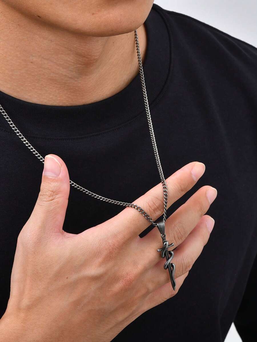 1pc Vintage Stainless Steel Snake Wrapped Sword Pendant Necklace For Men, Jewelry Accessory - Gun Black - View 1