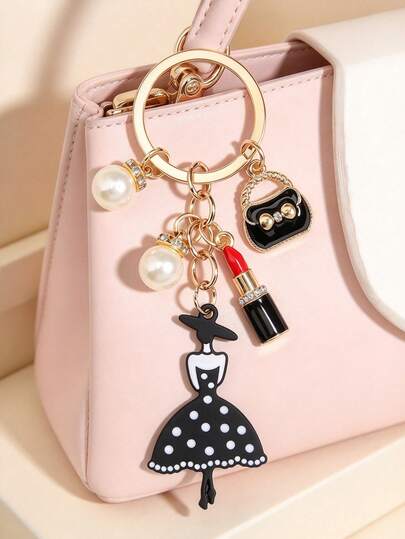 Black Bag Lipstick Elegant Lady Pearl Alloy Oil Drip Vintage Elegant Style Keychain Bag Key Pendant, Key Chain, Women's Keychain, Single Party Return Gift, Bag Pendant, Party Small Gift, Keychain, Gift For Women, Christmas Gift