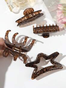 1pc Vintage Leopard Print Amber Jelly Brown Semi-Circle Star Rectangle Hair Claw, Oversized Hair Clip, Elegant Versatile Hair Accessory - Multicolor - View 6