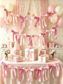 Guirnalda decorativa con flores y lazos rosas, ornamento colgante con cinta pre-enhebrada, adecuado para fiestas de cumpleaños, baby shower, bodas y otros eventos con temática de lazos - Multicolor - Ver 3