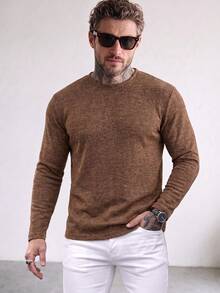 Men's Autumn/Winter Regular Shoulder Crew Neck Long Sleeve T-Shirt - Brown - View 1