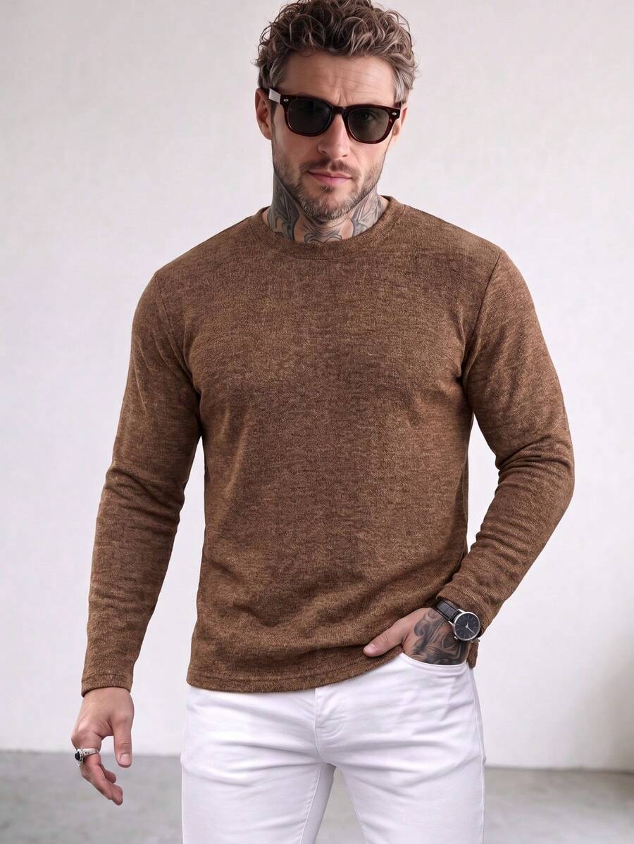 Men's Autumn/Winter Regular Shoulder Crew Neck Long Sleeve T-Shirt - Brown - View 1