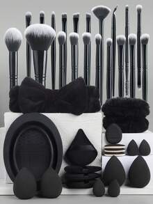 40pcs Makeup Tool Set Including 20 Makeup Brushes, 16 Powder Puffs & Makeup Sponge, 1 Hairband, 2 Wristbands, 1 Brush Cleaning Bowl, Soft Bristles, Gentle Powder Pickup, One-Stop Tool For Beginners' Daily Light Makeup, Stage Makeup, Full Face Makeup - Multicolor - View 1