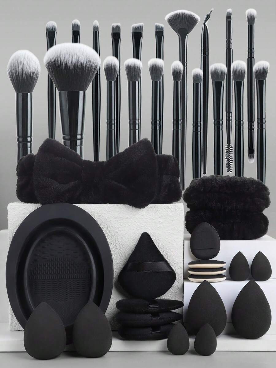 40pcs Makeup Tool Set Including 20 Makeup Brushes, 16 Powder Puffs & Makeup Sponge, 1 Hairband, 2 Wristbands, 1 Brush Cleaning Bowl, Soft Bristles, Gentle Powder Pickup, One-Stop Tool For Beginners' Daily Light Makeup, Stage Makeup, Full Face Makeup - Multicolor - View 1