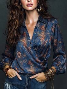 Women's Autumn Bohemian Print Button Satin Design Blouse, Comfortable Fashion Elegant Casual Versatile Commute Top, Autumn/Winter - Navy Blue - View 4