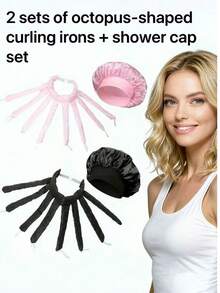 2pcs Long Octopus Hair Rollers + Waterproof Shower Cap, Bathroom Shower Hair Cover For Women, Adult Shower Cap, Cute Thickened Satin Shower Cap, Double Layer Waterproof Bathroom Hair Cover - Multicolor - View 3