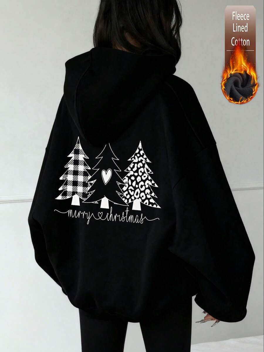 Autumn/Winter Women's Christmas Tree & Heart Graphic Sweatshirt, "Merry Christmas" Text, Y2K Style - Black - View 1