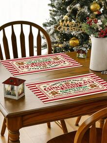 2Pcs Farmhouse Christmas Placemats Red White Stripe Gingerbread Bakery Gingerbread Man Letter Print Rectangular Table Mats Winter Holiday Dining Table Decoration For Xmas Home Party - Red and White - View 8