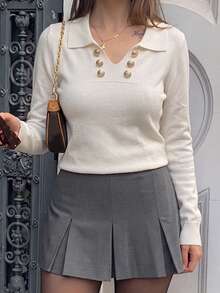 Women's White Long Sleeve Collared Top With Double-Breasted Faux Button Design, Autumn/Winter - Off White - View 5