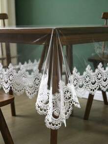 1pc Transparent PVC Embroidered Lace Edge Tablecloth, Modern Style PVC Rectangular Waterproof Oil-Proof Dust-Proof Tablecloth, Suitable For Dining Table Coffee Table Tea Table Daily Home Decor And Party Wedding Holiday - White - View 3