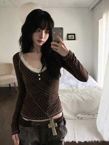 French Lace Polka Dot Ruffle V-Neck Long Sleeve Women's Autumn Fitted Slim Fit Camisole Top - Brown - View 4