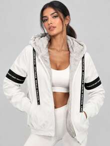 Women White Hooded Zip Up Fleece Lined Letter Tape Jacket - White - View 4