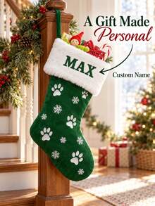 1pc Personalized Pet Christmas Stocking With Custom Name, Red Green Paw Print Snowflake Hanging Gift Bag, Fireplace Mantel Xmas Holiday Decor - Multicolor - View 8